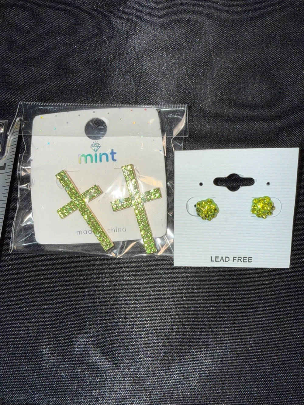 Mint Kids Lime Green Glitter Cross Dangle & Stud Earring Set